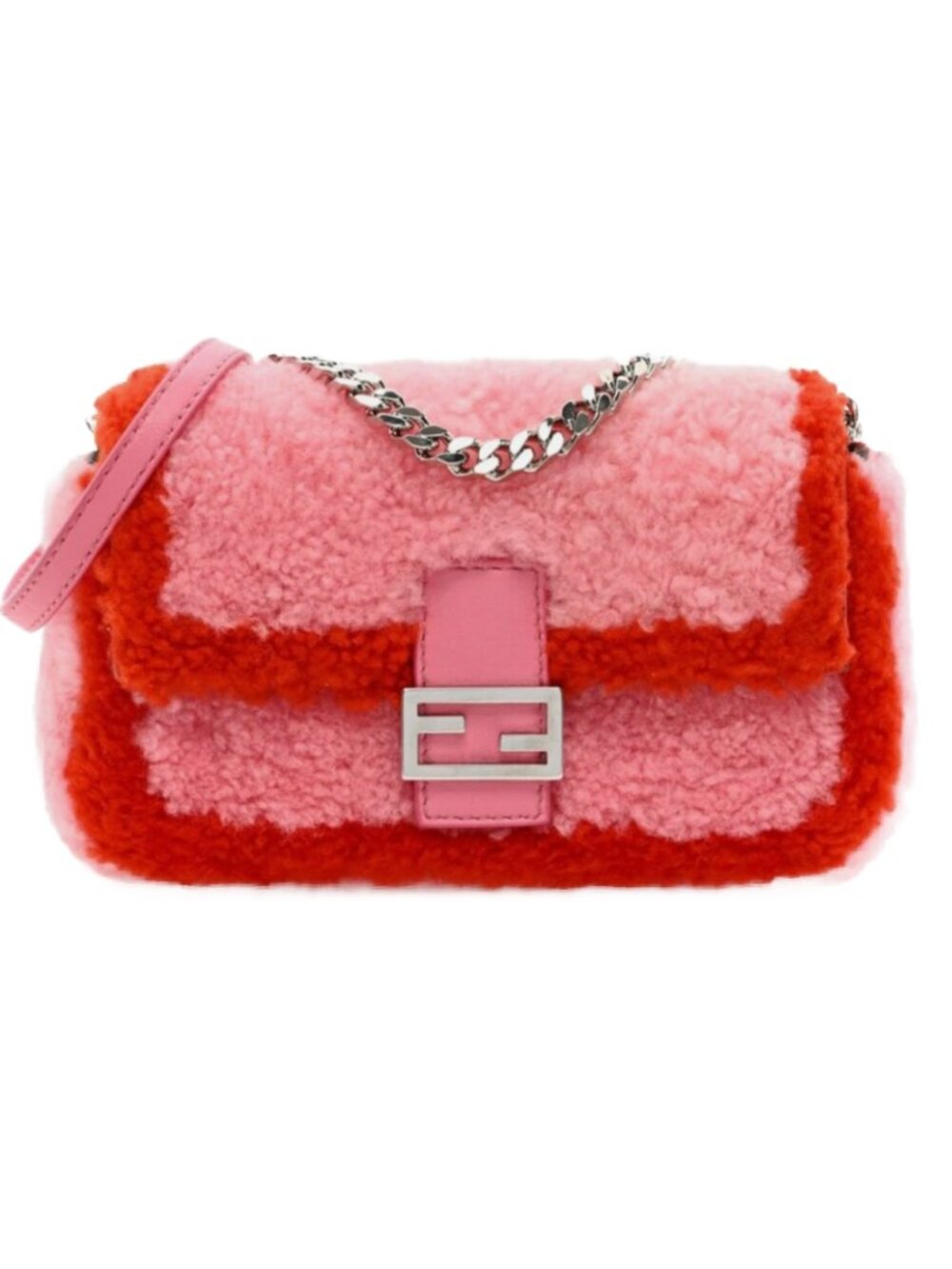 Fendi Authentic Mini Baguette NM Shearling Bag Bubblegum Pink Rosso Chain Strap